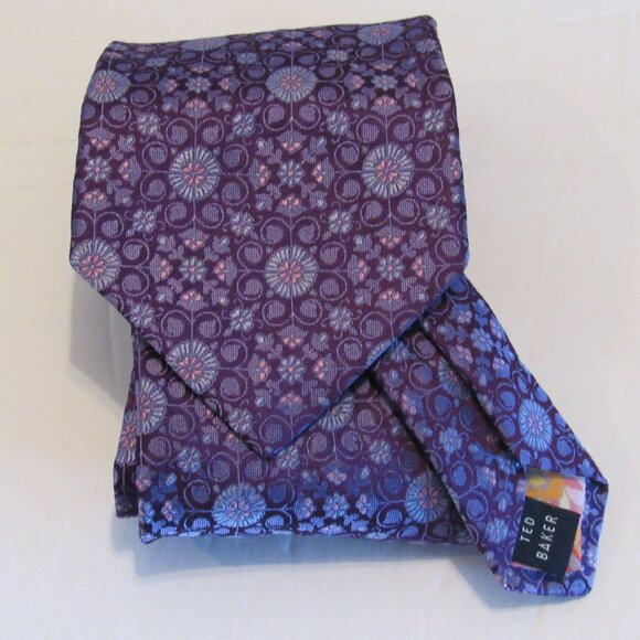 Ted Baker Purple 100% Imported Silk Necktie Tailored in USA Geometric Pattern - Picture 1 of 6